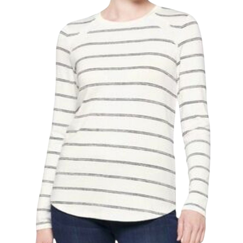 Market & Spruce White and Black Striped Crew Neck Long Sleeve Knit Top